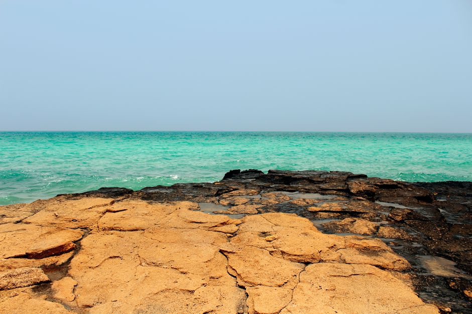 Snorkeler swimming over a shallow reef near the rocky headland at Fins Beach, Oman