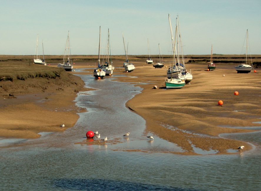 Fishing boats resting on exposed mudflats at low tide in the Alvor estuary, herons wading in the shallow channels