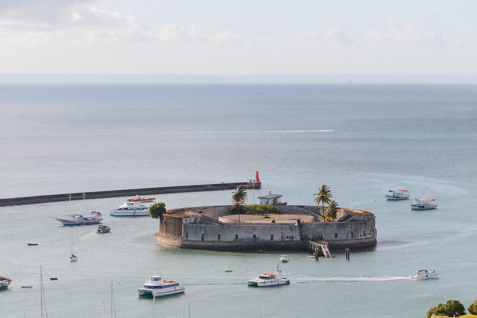 Panoramic view of Angra do Heroismo's harbor and colonial old town from the Monte Brasil fortress