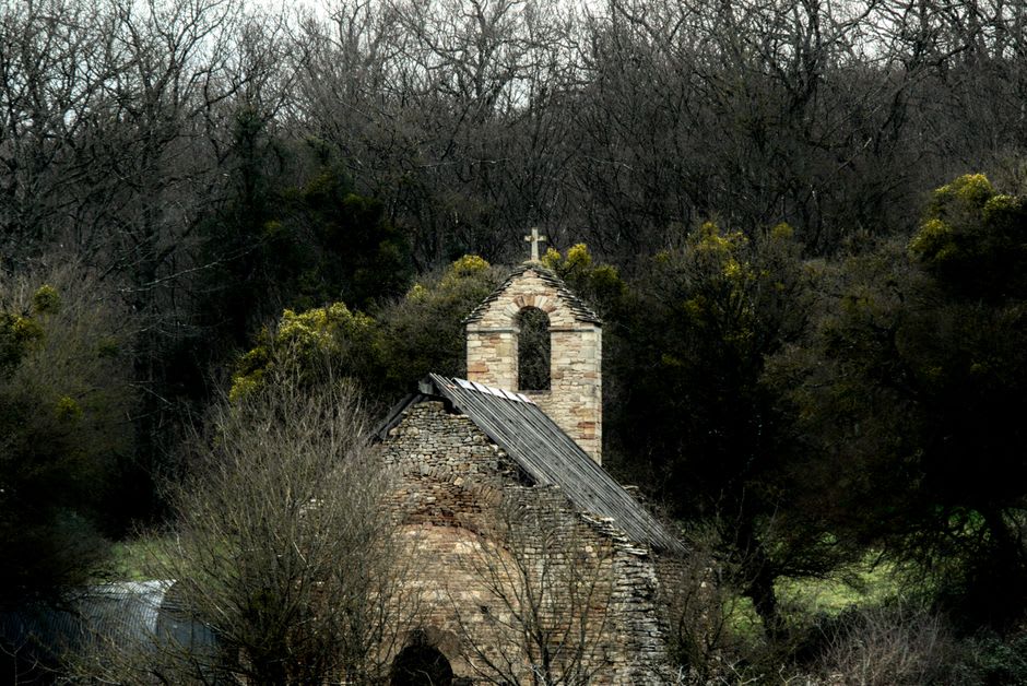 Weathered stone chapel of the Via Sacra path covered in moss within Buçaco forest