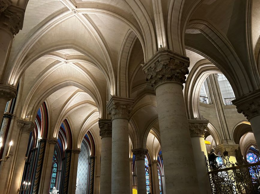 Gothic granite columns and vaulted ceiling inside Guarda's cathedral, the Sé