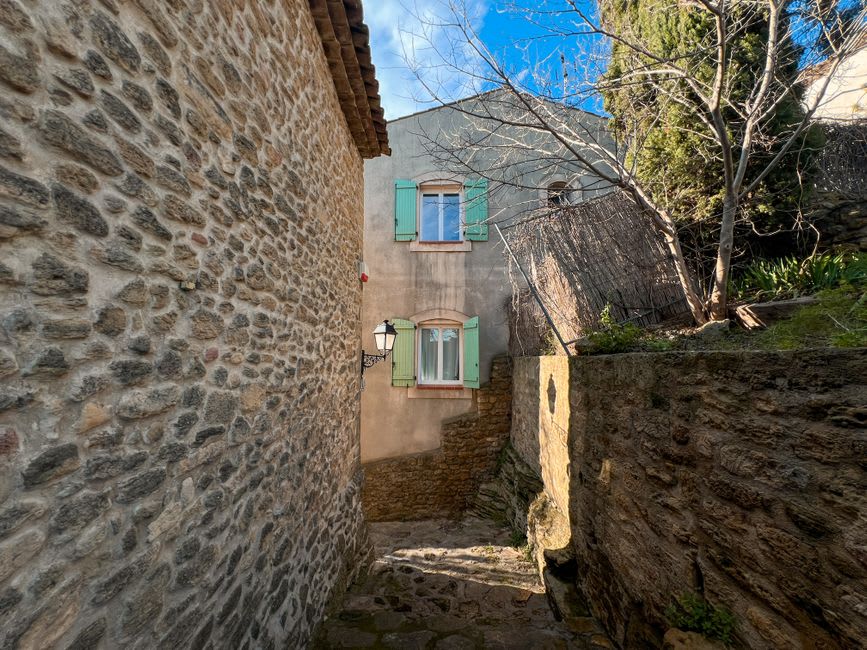 Narrow cobbled alley winding between stacked schist houses with blue-painted shutters in Piódão
