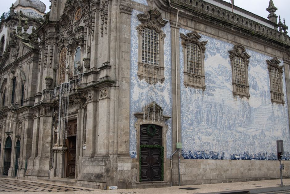 Whitewashed church with elaborate azulejo tile facade in Ponta Delgada's historic center