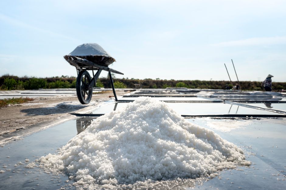 Traditional salt pans with white salt crystallizing in shallow pools in the Ria Formosa