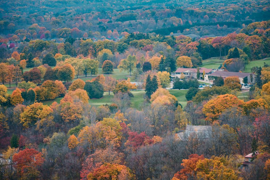 The view from the La Roche lookout over the rolling forested Laurentian hills in full October colour