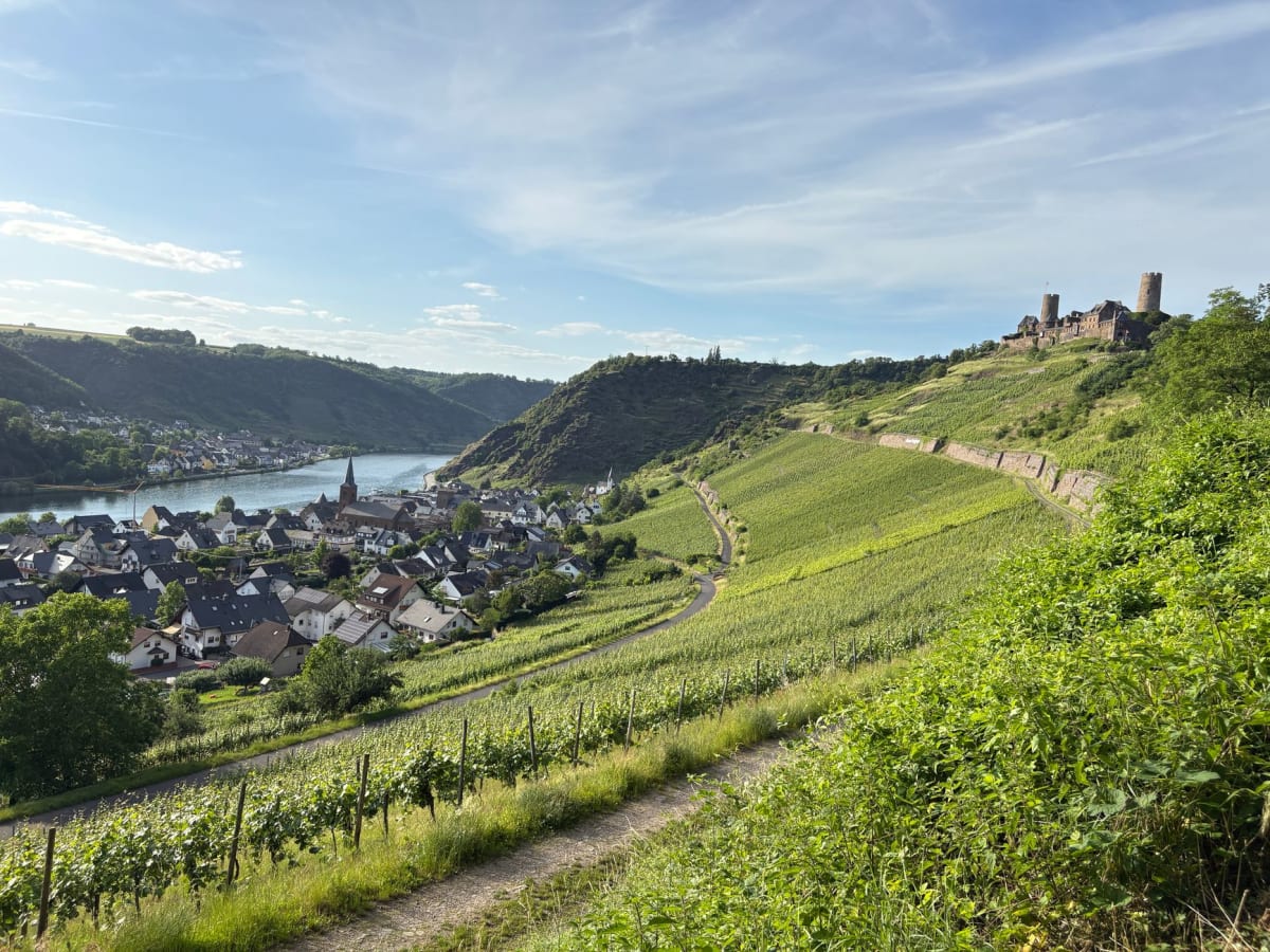 Mirador del Rheinsteig sobre la roca de la Loreley con vistas al sur por el valle de las gargantas del Rin al anochecer
