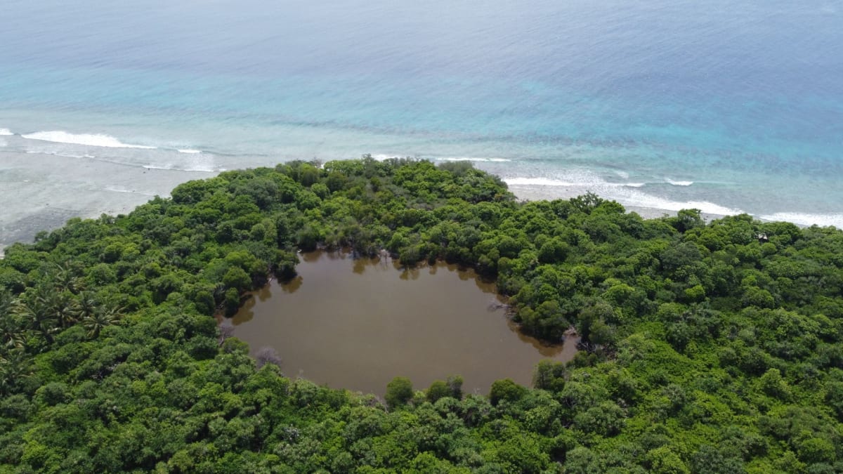 El Pacífico abierto visible en la base de la fosa To Sua donde el tubo de lava se encuentra con el mar