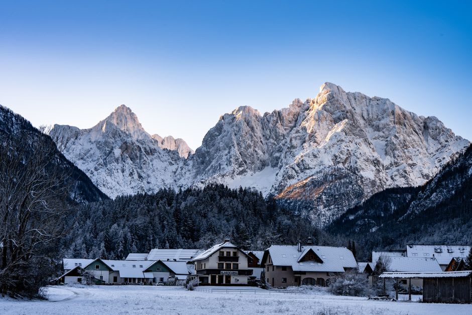 The towering concrete Letalnica ski flying hill at Planica seen from the base, surrounded by pine forest