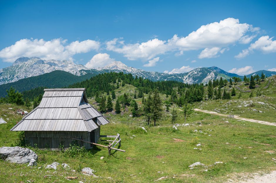 Le sentier qui se rétrécit dans Robanov Kot avec les sommets calcaires des Alpes de Savinja se dressant droit devant