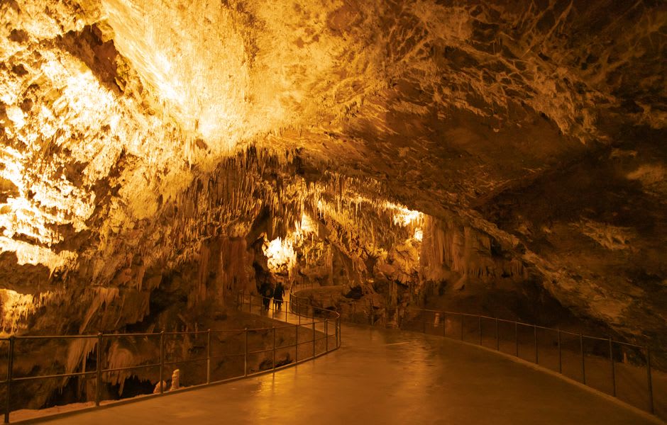 Rows of empty chairs set up in the illuminated Concert Hall chamber of Vilenica Cave ahead of a literary event