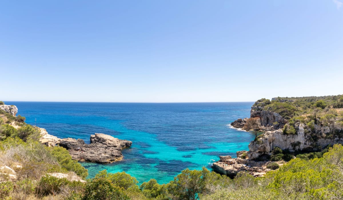 A crystal-clear turquoise cove surrounded by pine-covered cliffs in Mallorca