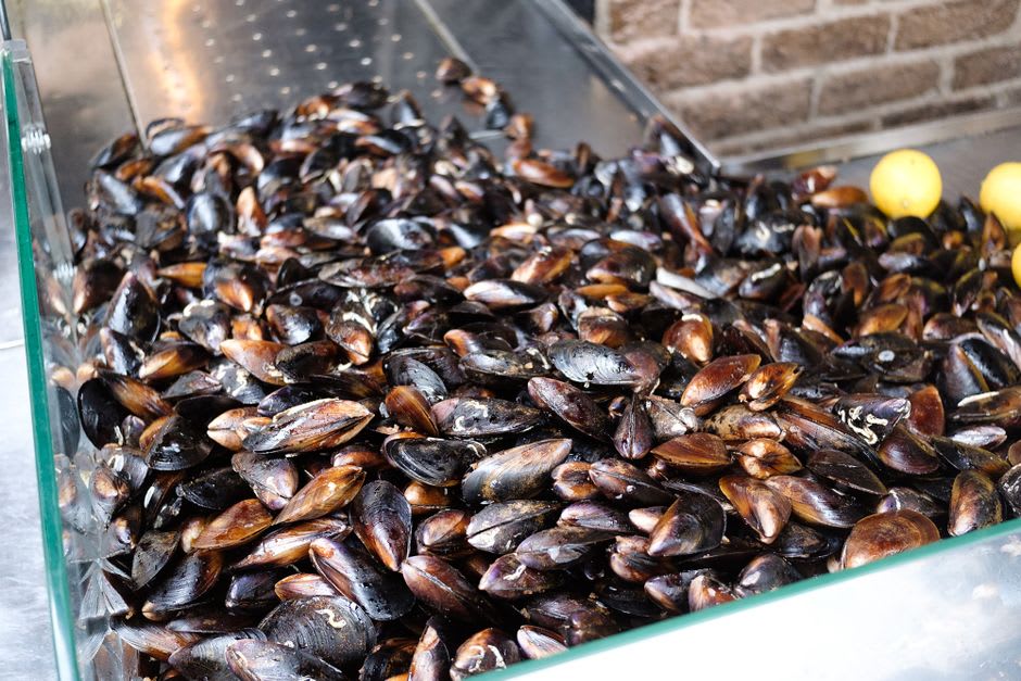 Un puesto de mercado en el Mercado da Pedra de Vigo con mujeres abriendo ostras y mejillones frescos para los clientes