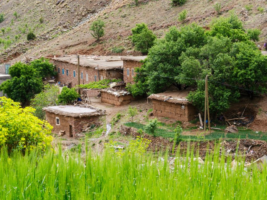 A small stone-and-mud homestay with smoke rising from its chimney against the plateau