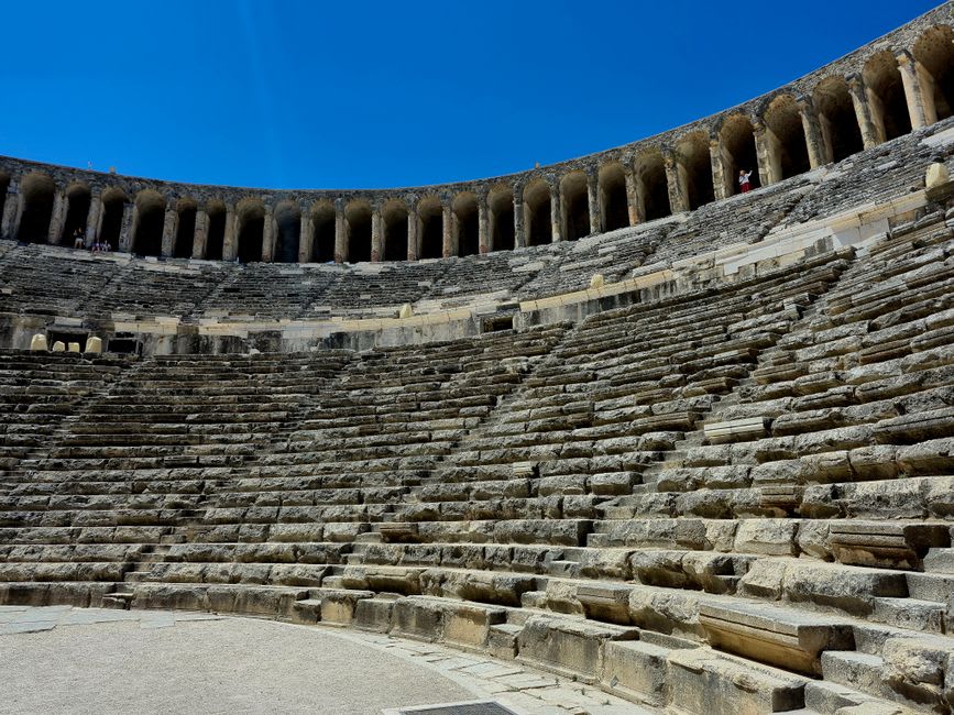 The interior of the Aspendos theater showing its intact tiered seating and stage building