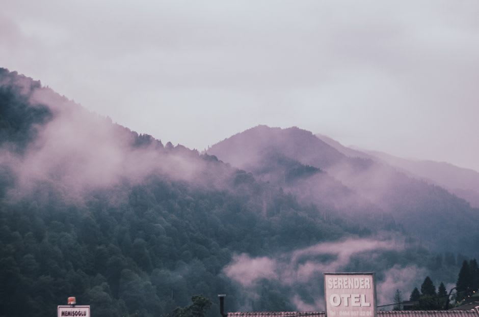 Mist rolling over the green hills and rooftops of Rize on Turkey's Black Sea coast