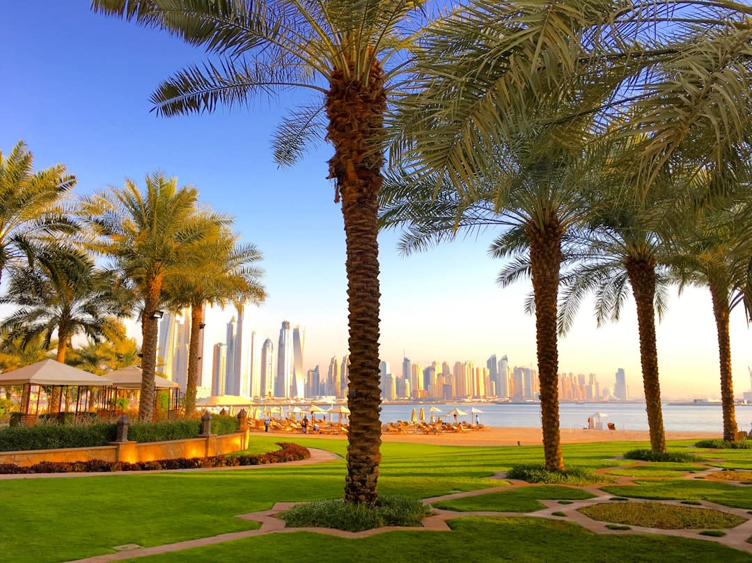 Rueda de observación Ain Dubai vista desde la playa de JBR a la hora dorada
