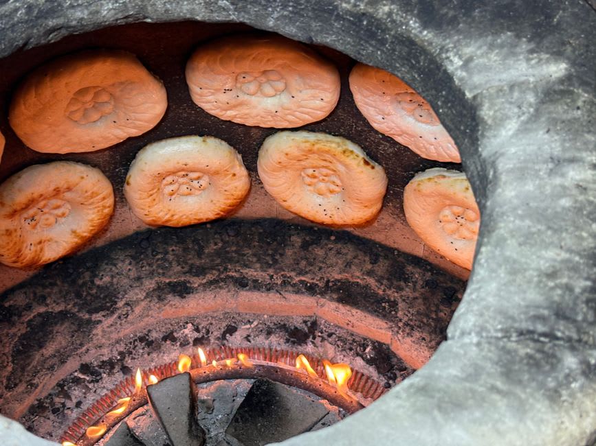 Traditional tandoor oven built into a mudbrick wall in a shaded courtyard