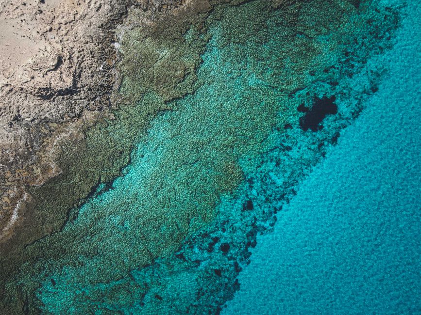 El agua turquesa prístina y el arrecife franjeante visible directamente desde la orilla en Coral Bay