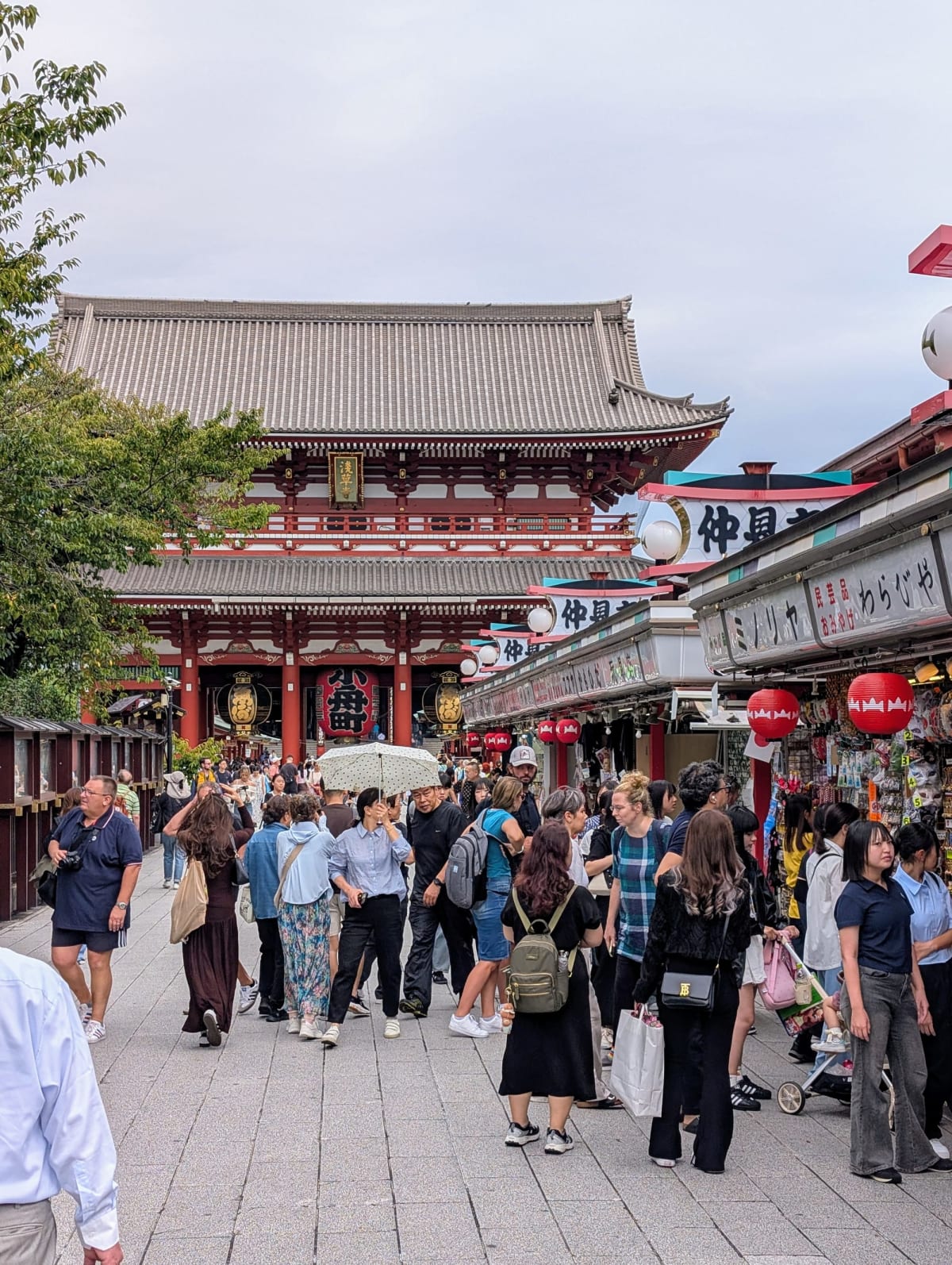 A dense crowd of tourists filling the covered Nakamise-dori shopping street, Senso-ji's inner gate visible in the distance under red lanterns