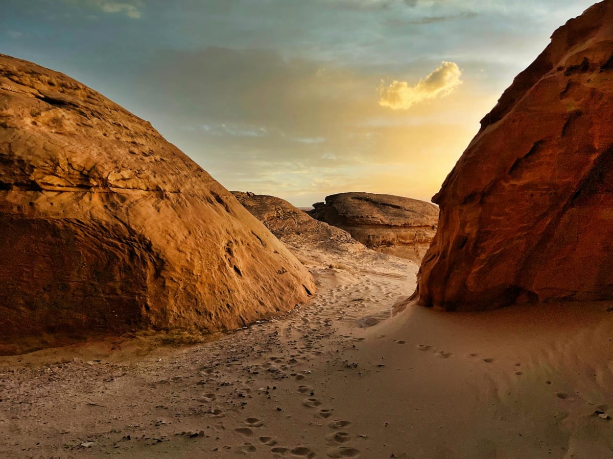Desert landscape with ancient sandstone cliffs and carved inscriptions