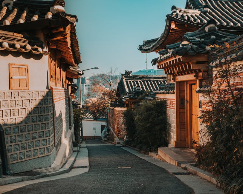 Traditional hanok village lanes lit up at night