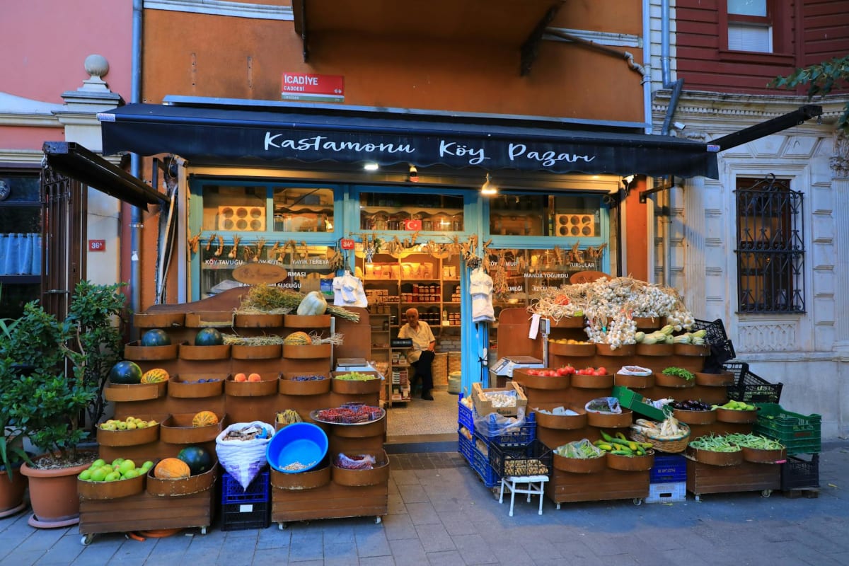 A vibrant spread of Turkish street food and market delicacies