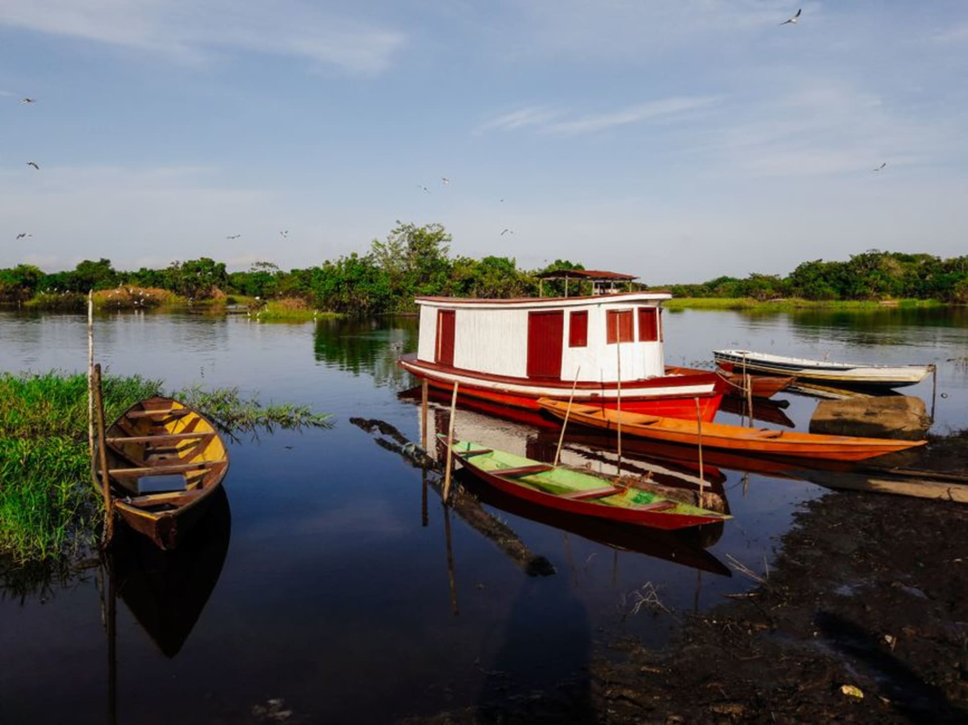 Colonial waterfront buildings of Obidos overlooking the narrow Amazon River channel