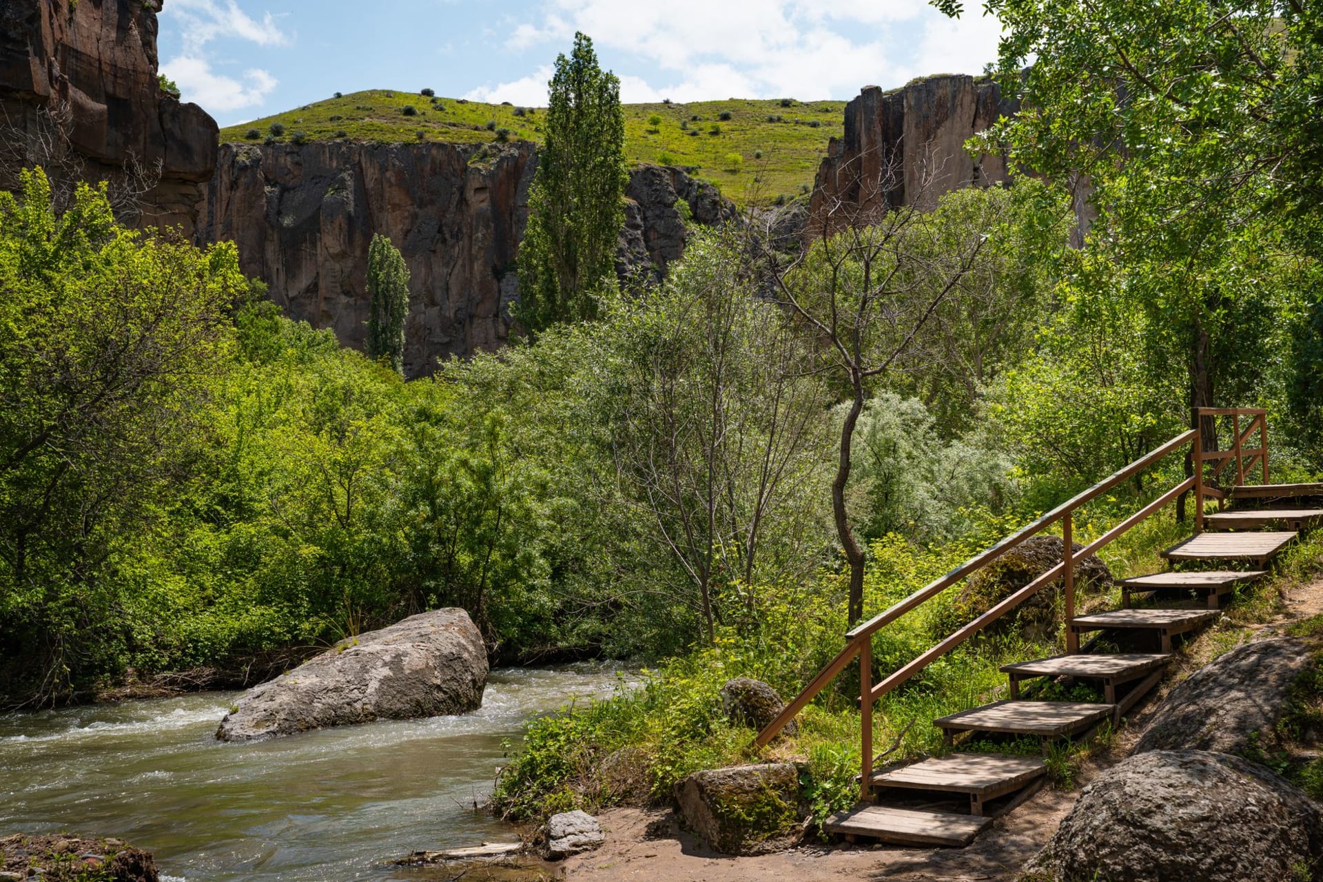 The deep green Ihlara gorge seen from above, with the Melendiz River threading through poplar trees at its base and frescoed cave churches in the ochre cliffs