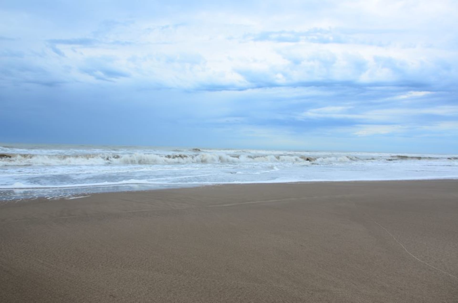 Wide sandy beach in Pinamar backed by dense pine forest under a golden late-afternoon sky