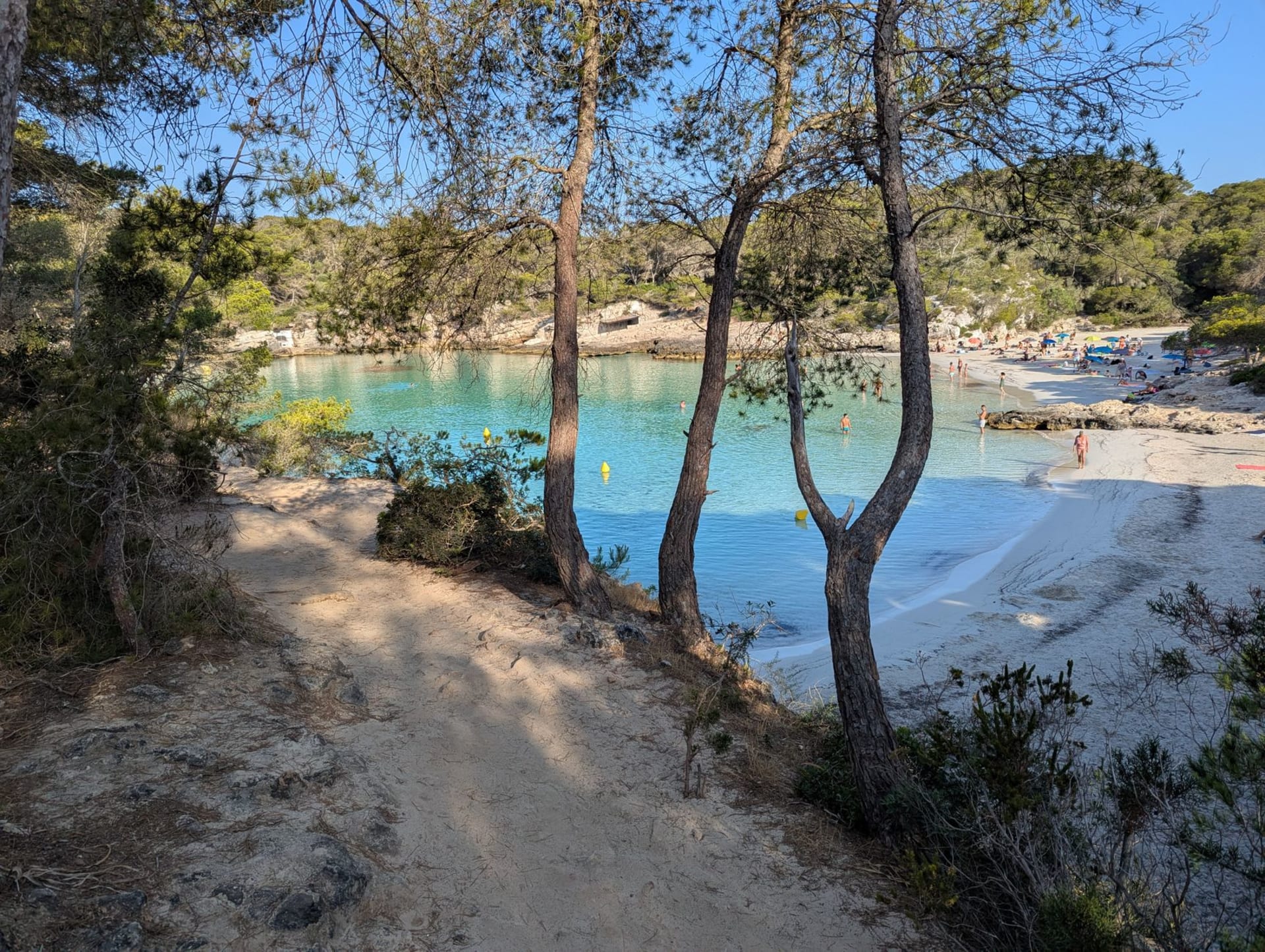 El agua turquesa y la arena blanca de Cala Macarella encerradas por acantilados de caliza y pinos mediterráneos