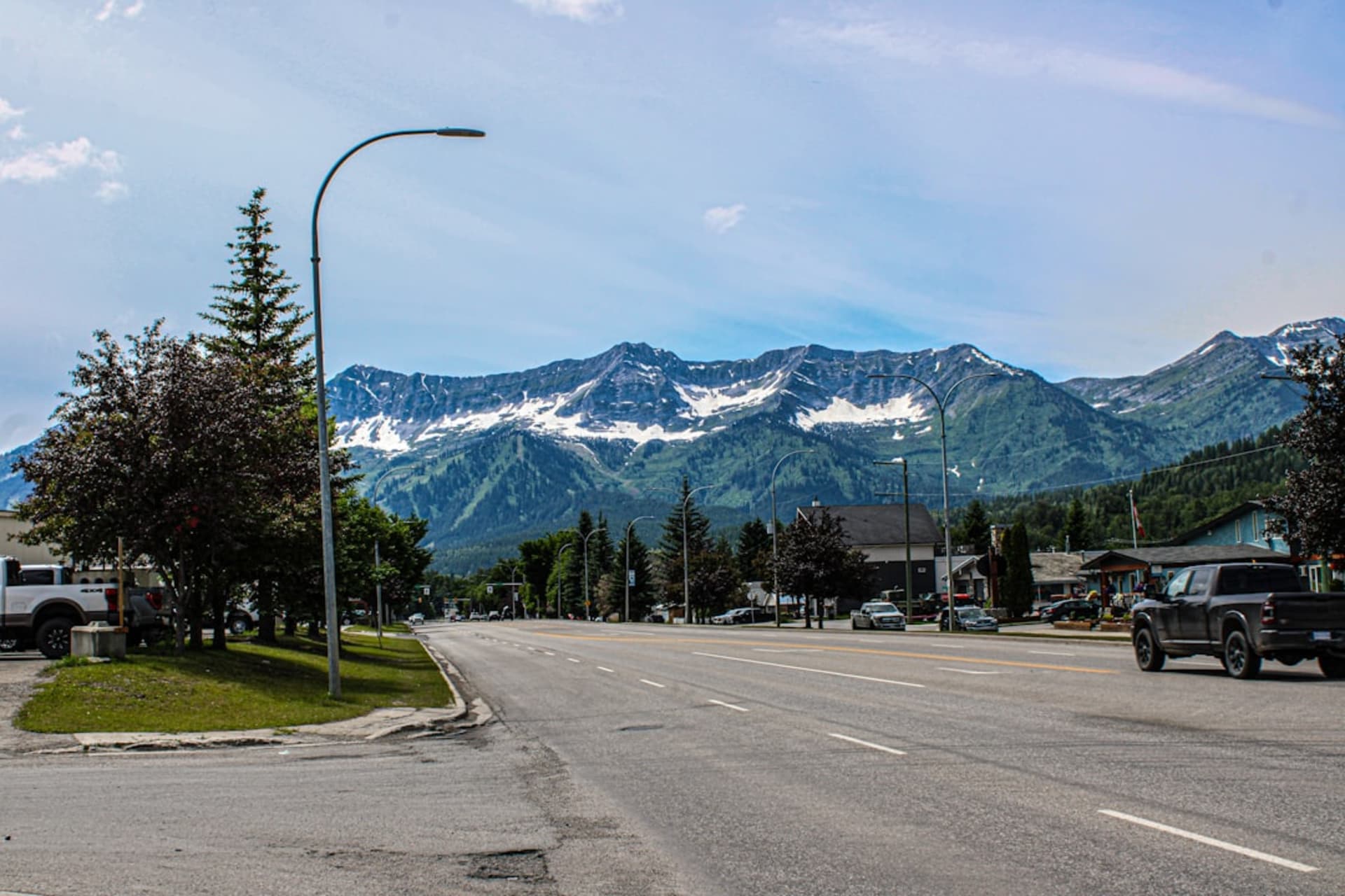Snow-covered Rocky Mountain peaks towering above the town of Fernie in the Elk Valley