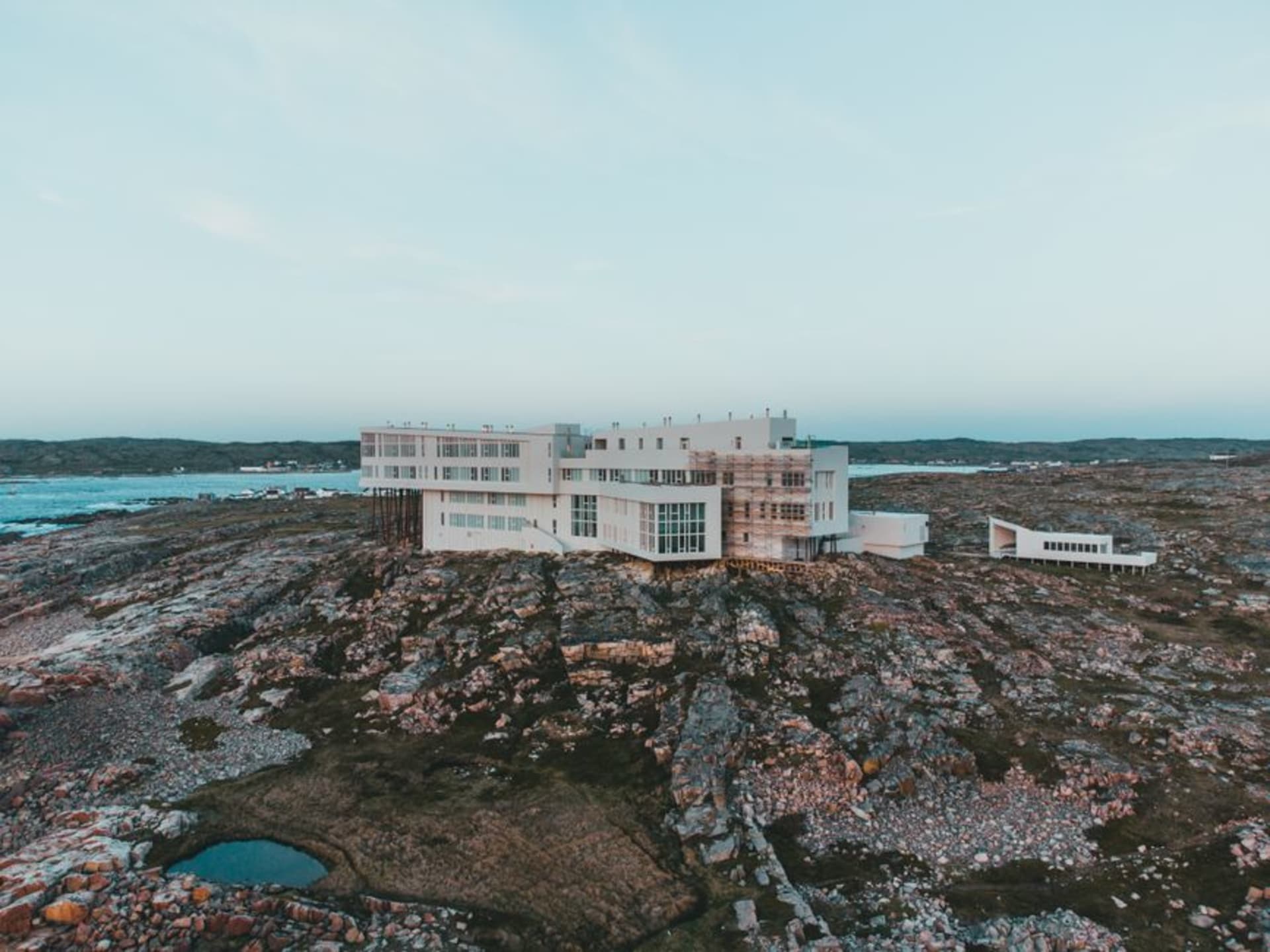 The Fogo Island Inn's stilted modern architecture perched above the rocky Newfoundland coastline