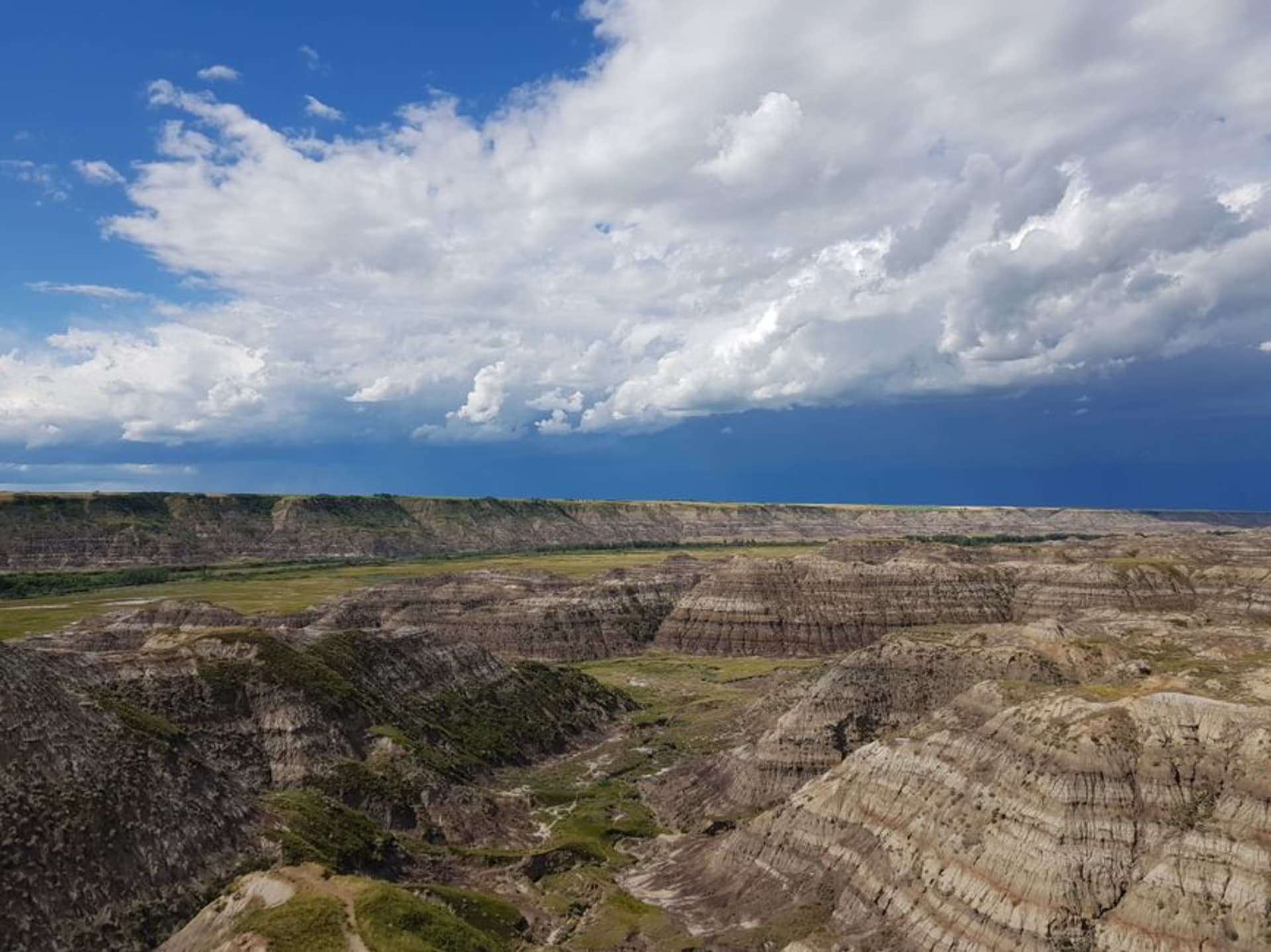 Rolling untouched prairie and eroded badlands under a vast open sky in Grasslands National Park