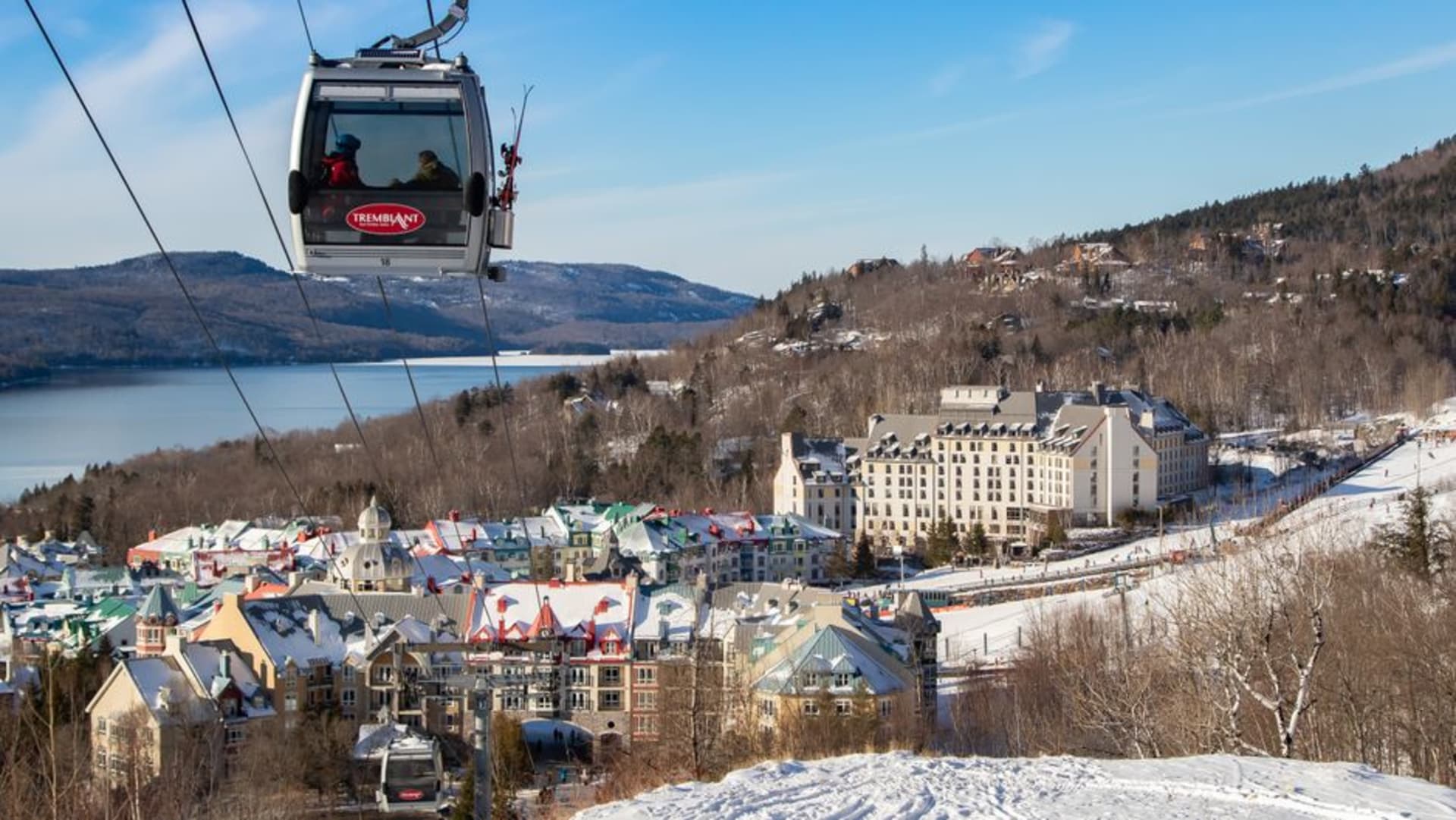 Colourful pedestrian village of Mont-Tremblant at the base of the ski hill in winter