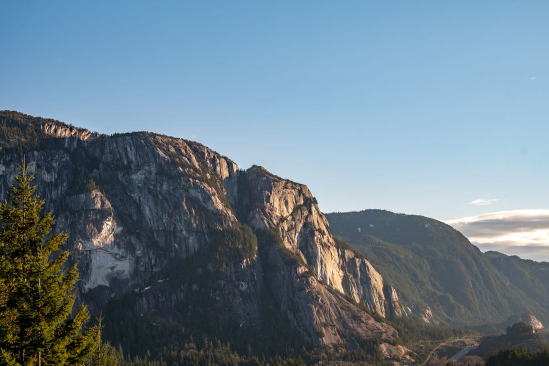 The granite face of the Stawamus Chief rising above Howe Sound near Squamish