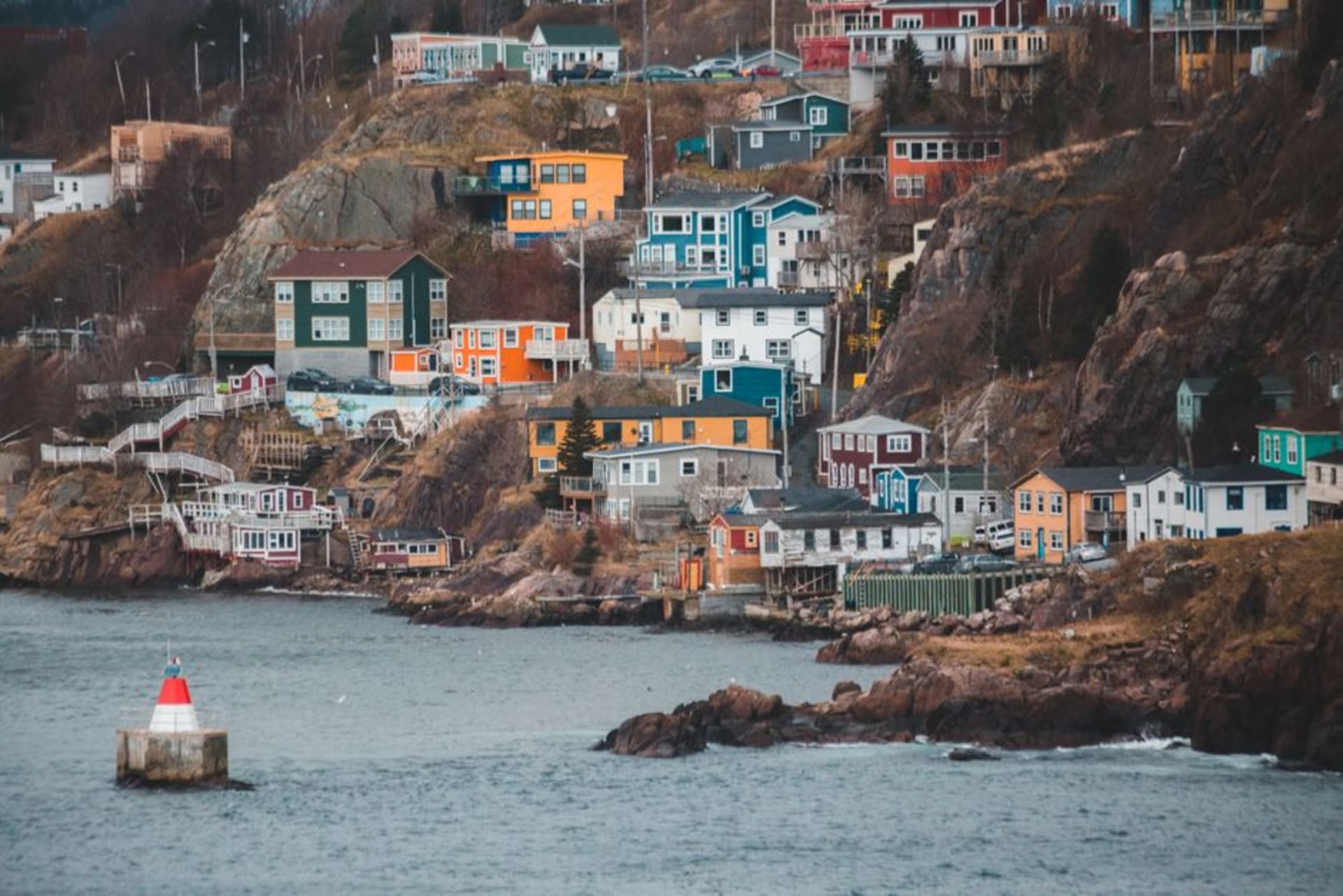 Colourful Jellybean Row houses lining a steep street in downtown St. John's