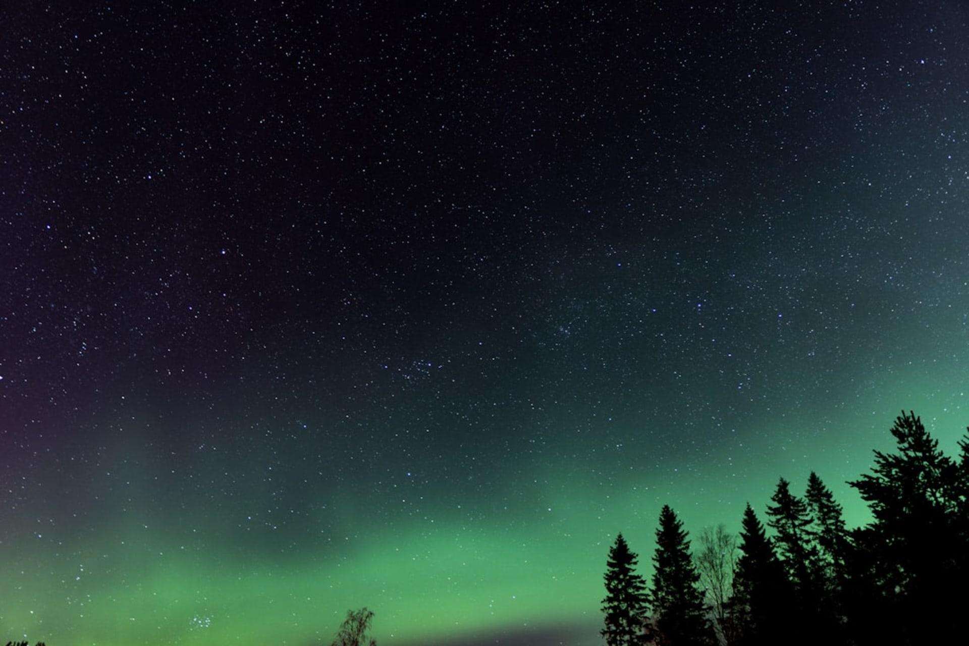Vivid green and pink northern lights over frozen Great Slave Lake near Yellowknife at night