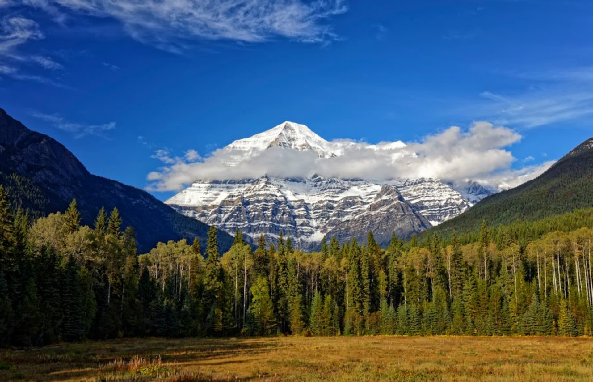 Mount Robson rising above the valley with the summit briefly free of cloud