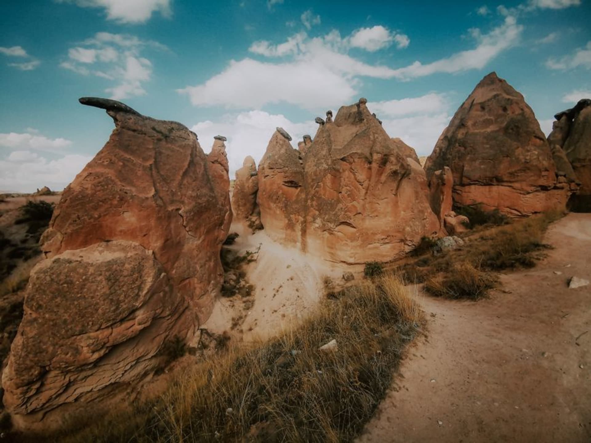 The bare, pink-toned rock formations of Devrent Valley stretching under an open sky, with no vegetation between the fairy chimneys