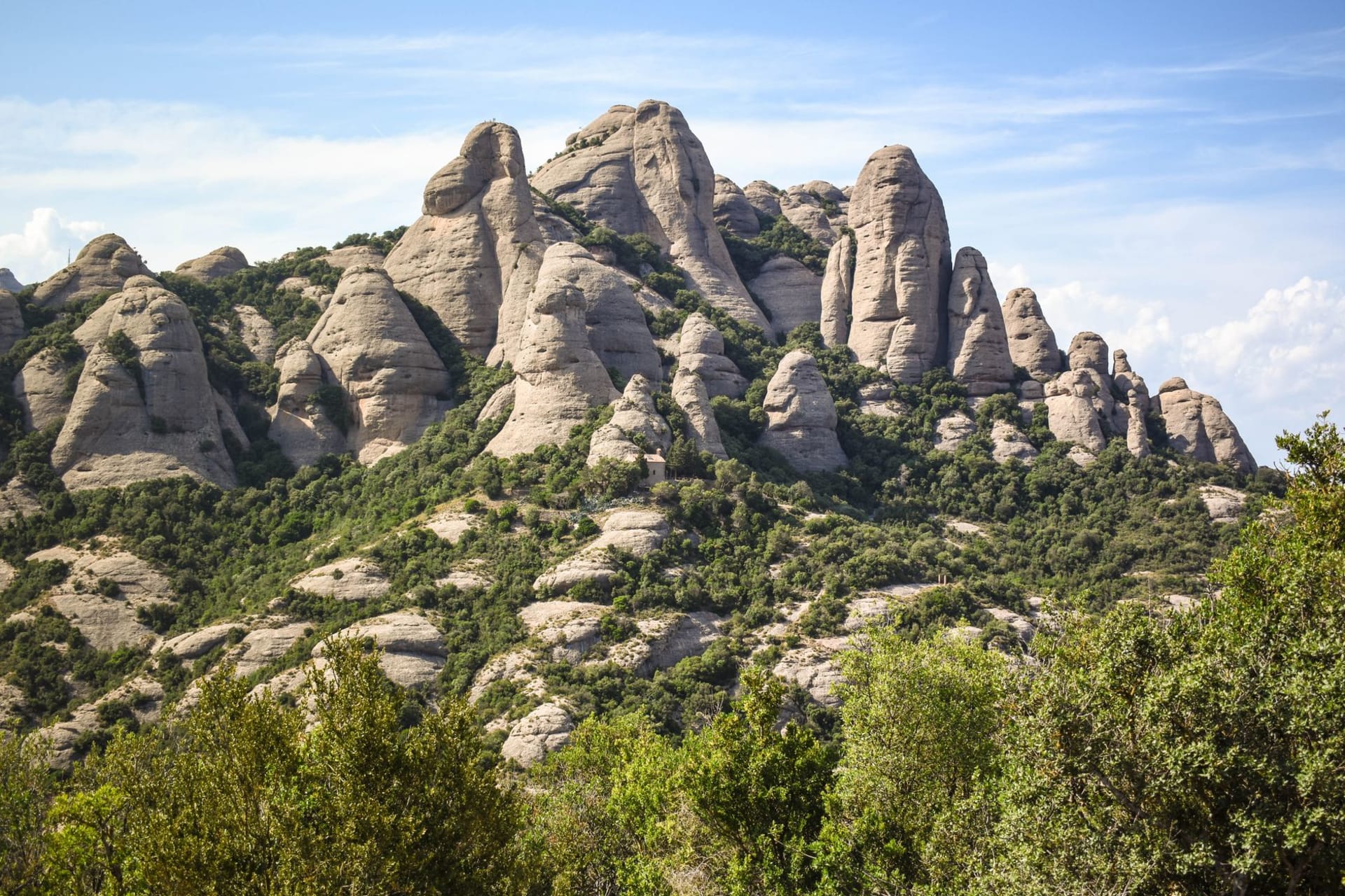 The jagged pink conglomerate rock spires of Montserrat rising dramatically above the Catalan plain at sunrise