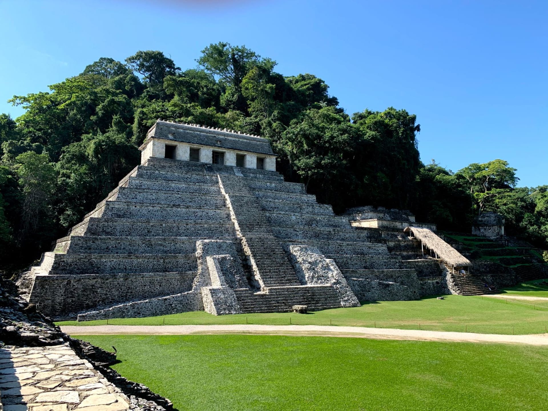 Temple of the Inscriptions at Palenque emerging from thick jungle at dawn with mist rising through the trees