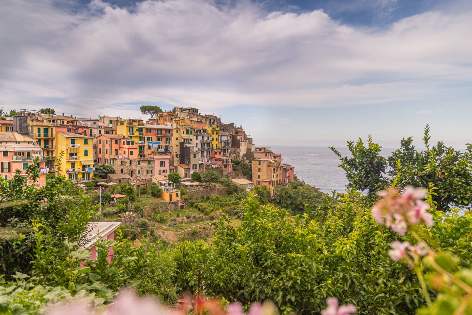 Colorful stacked houses of Cinque Terre clinging to steep cliffs above the deep blue Ligurian Sea
