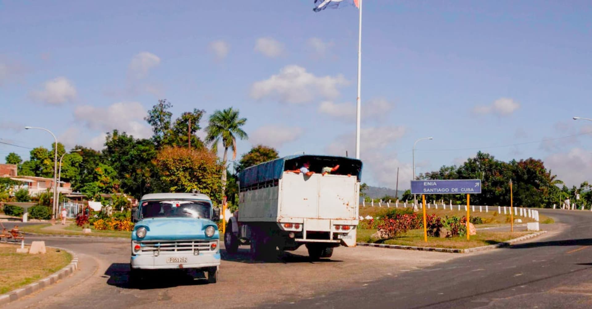 Colorful hillside houses of Santiago de Cuba overlooking the harbor and Sierra Maestra