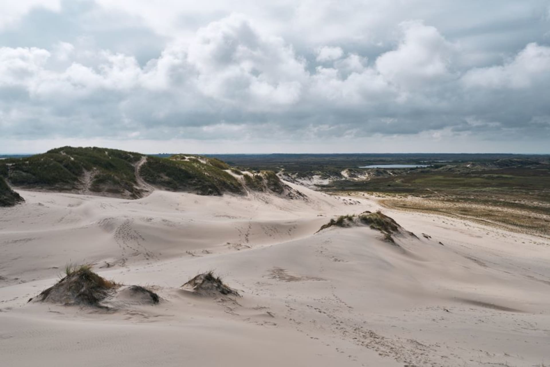 The sand dunes of Ørkenen stretching toward the sea on Anholt island under a pale Nordic sky