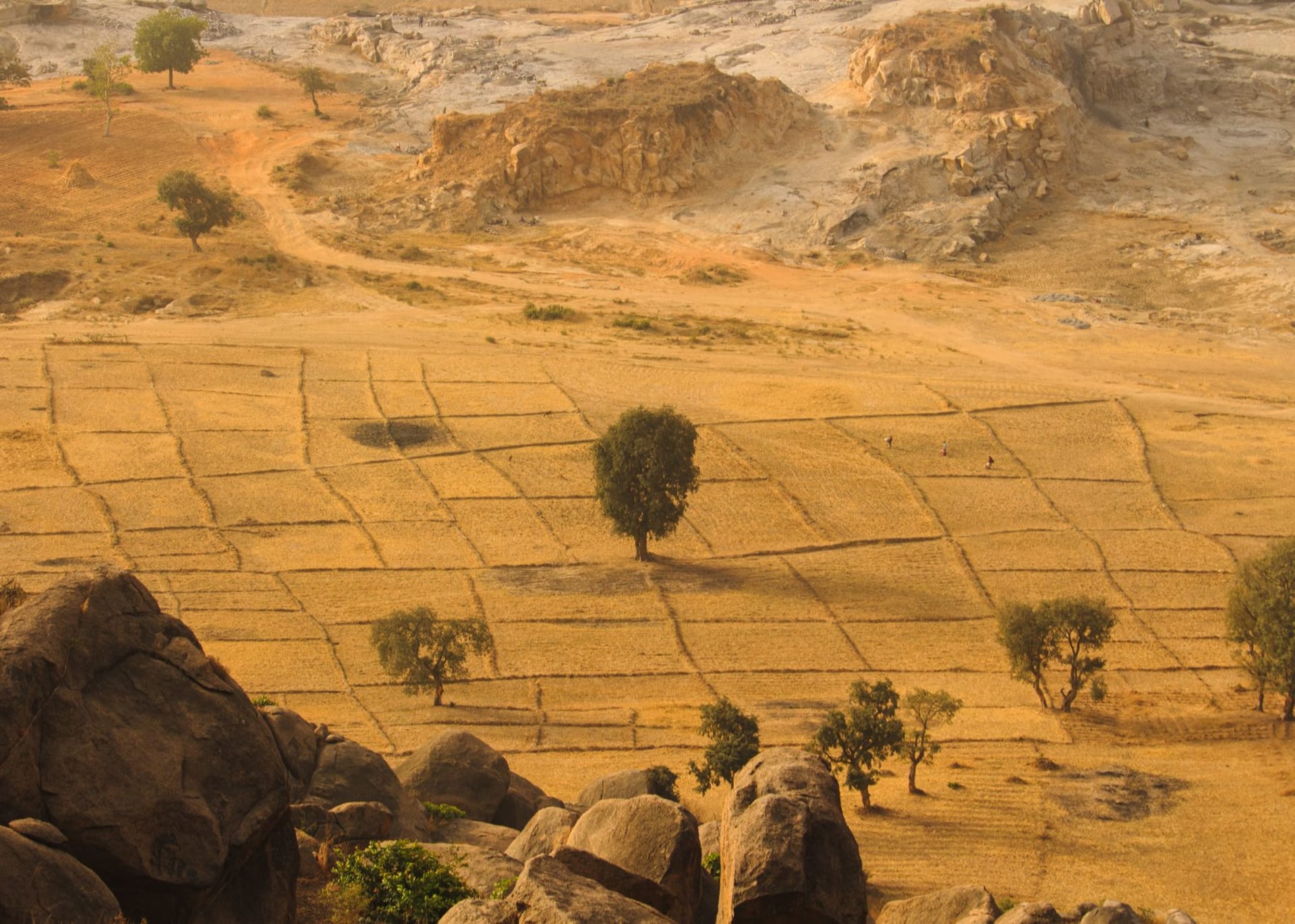 Tireli village buildings hugging the base of the Bandiagara escarpment cliff, granary towers rising against the sandstone wall above