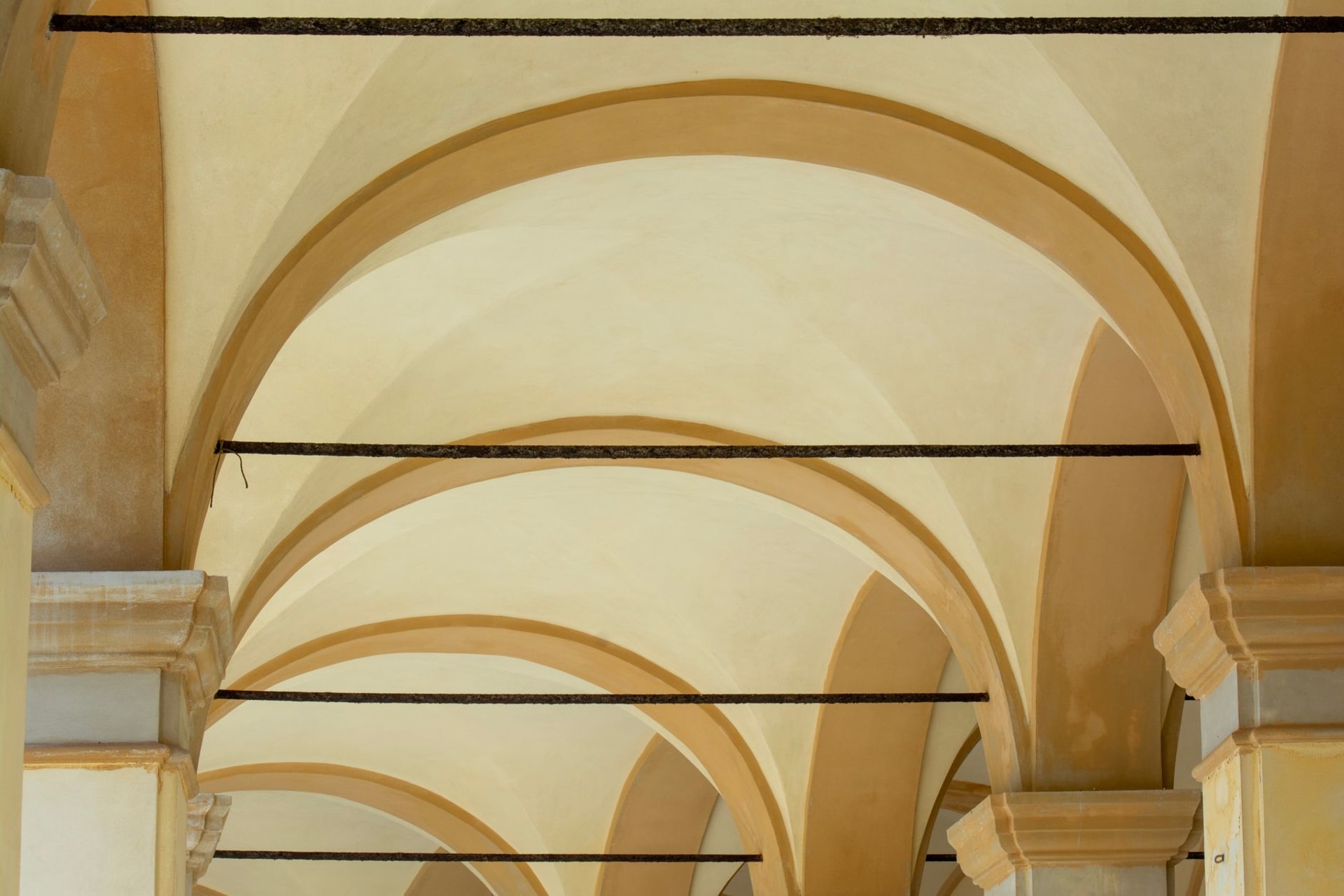Looking up through the repeating vaulted stone arches of Bologna's medieval porticos, their cream-colored curves receding into the distance