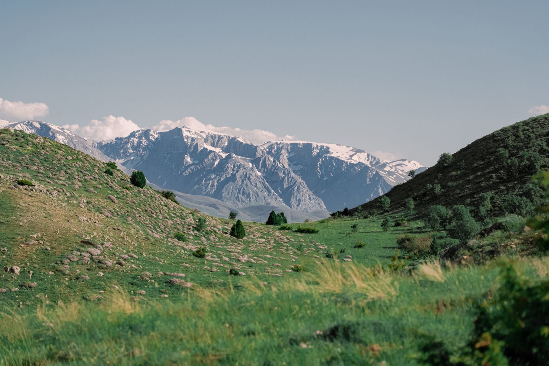 Snow-capped Tian Shan peaks rising above the green valley at Shakhimardan with a Soviet-era sanatorium in the foreground