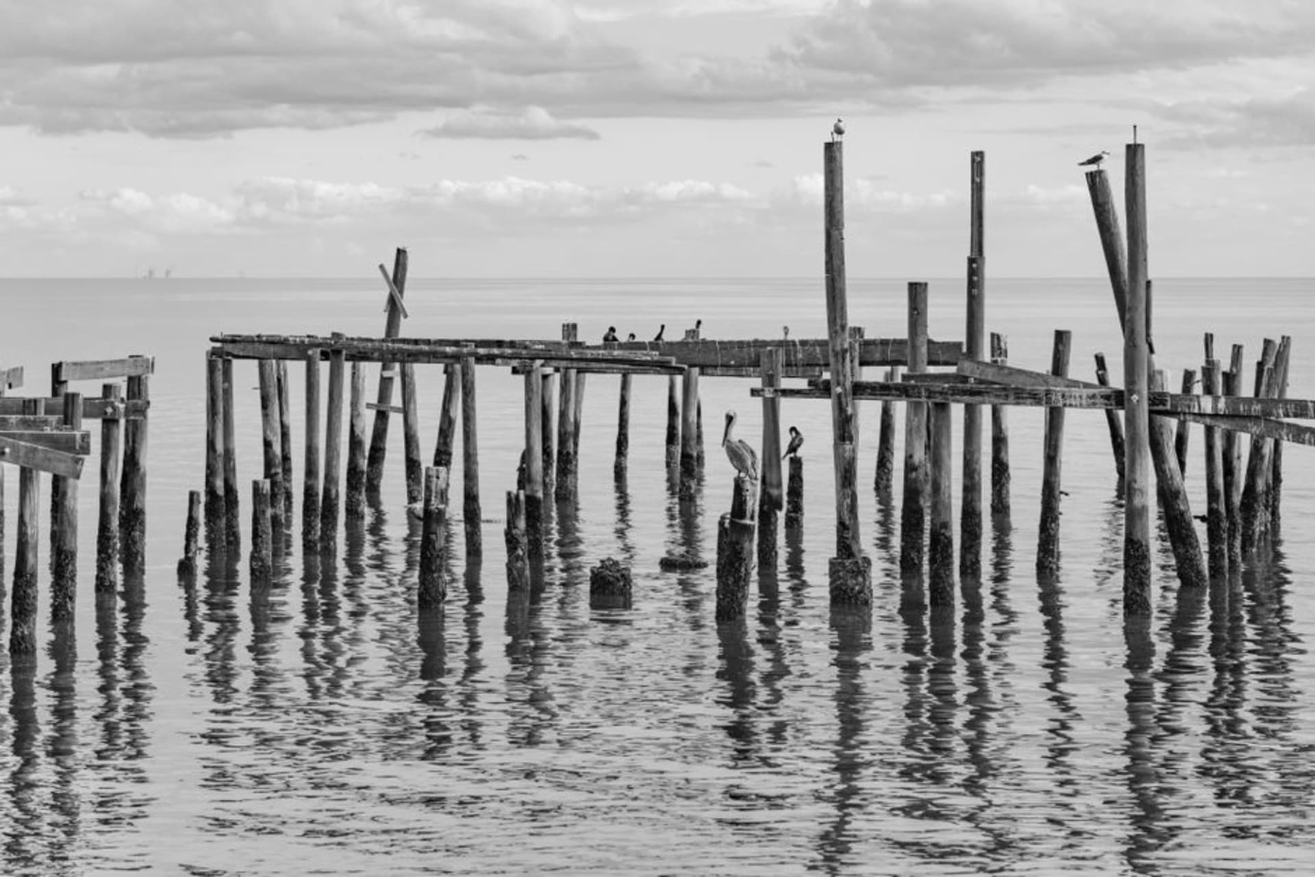 Weathered dock and fishing boats along the waterfront at Cedar Key, Florida, at golden hour