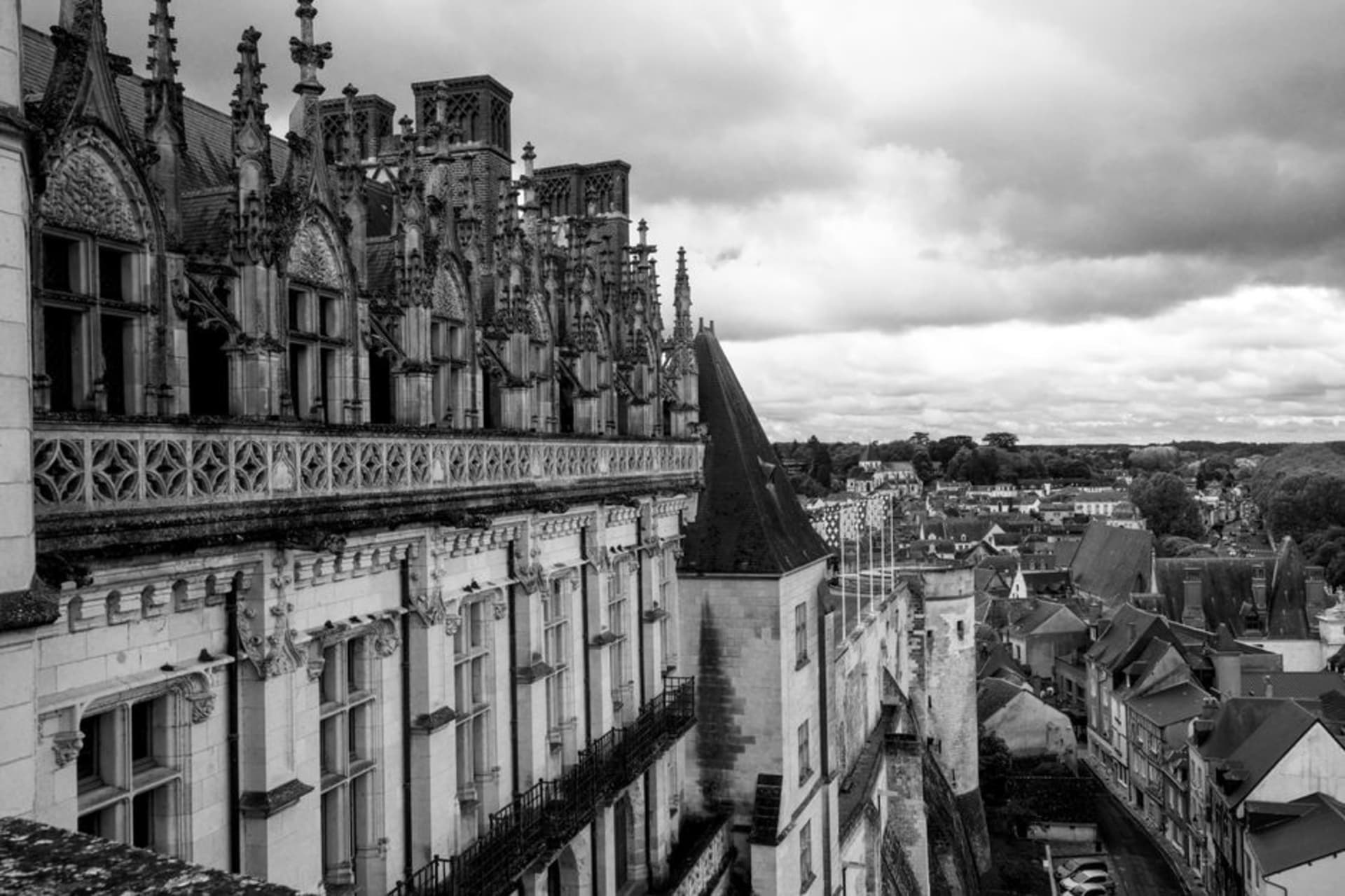 The steep tiled rooftops of Blois's old town climbing the hillside above the Loire River, with the château visible among them
