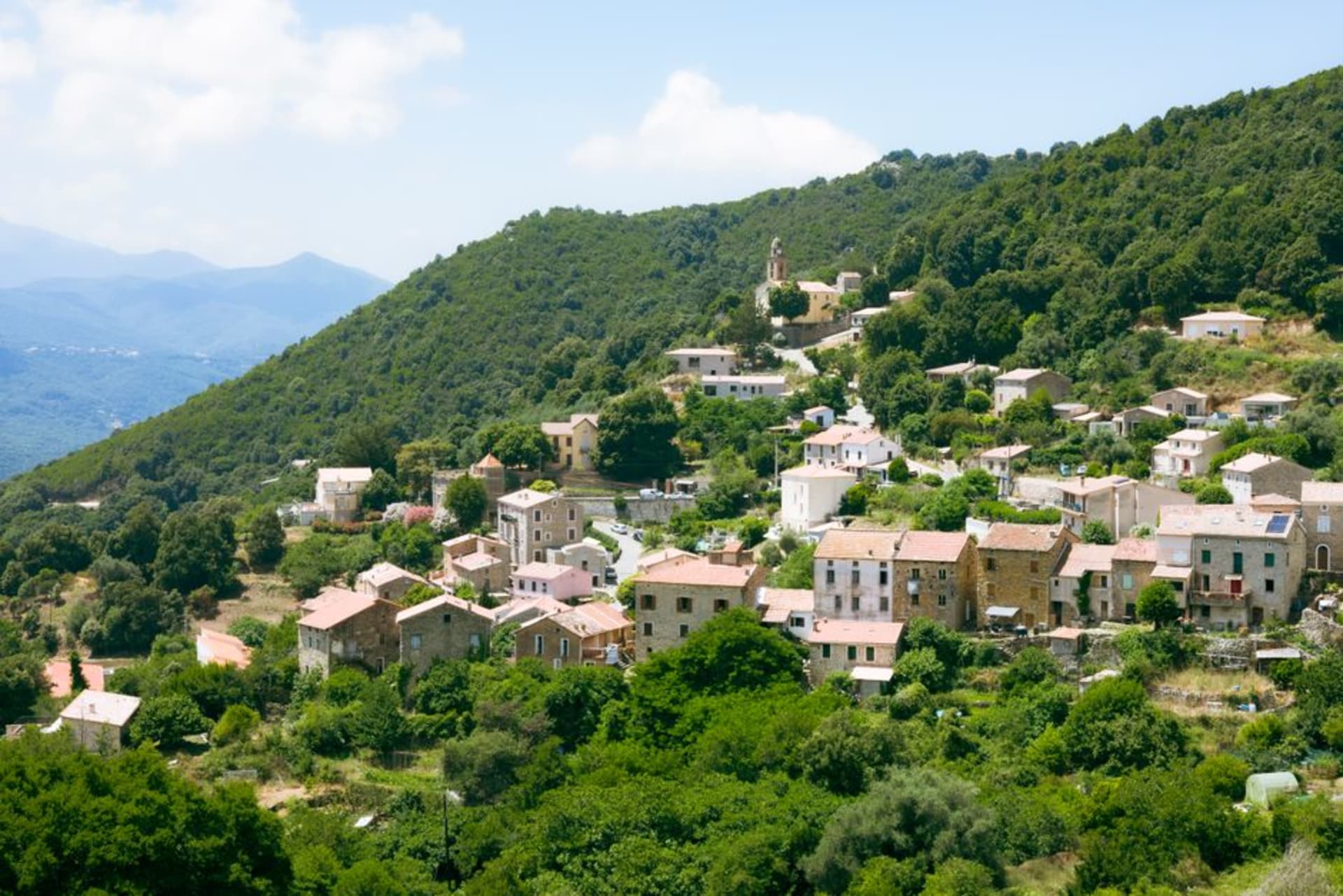 The restored ochre and stone houses of Pigna clustered on a Balagne hilltop with terracotta roofs and narrow cobbled lanes